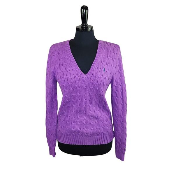 Ralph Lauren Sweaters - Ralph Lauren Sport 100% Cotton Sweater Purple Cable Knit V Neck XL